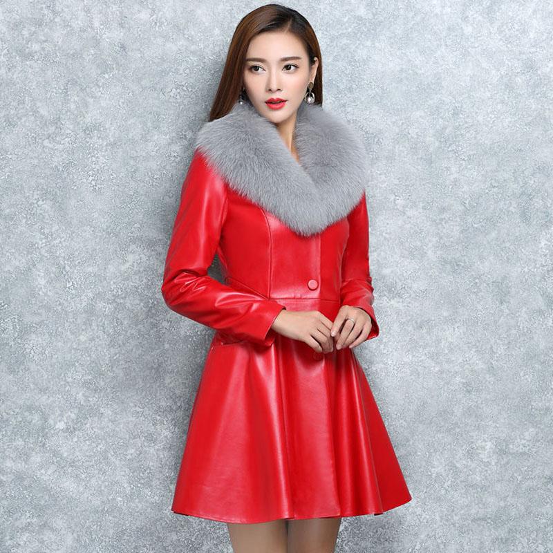Winter Imitation Fox Fur Collar and Cotton Fur Mid-length Slim Fit All-match Leather Jacket Fashion Simple Female Jacket