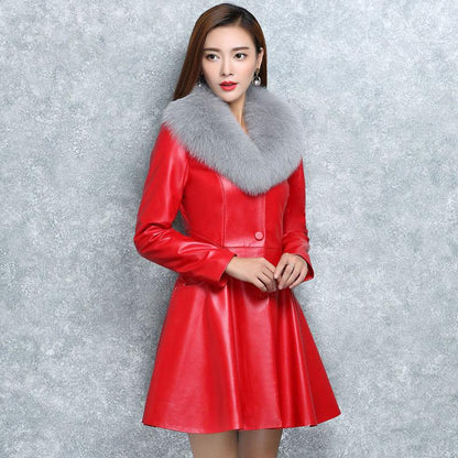 Winter Imitation Fox Fur Collar and Cotton Fur Mid-length Slim Fit All-match Leather Jacket Fashion Simple Female Jacket