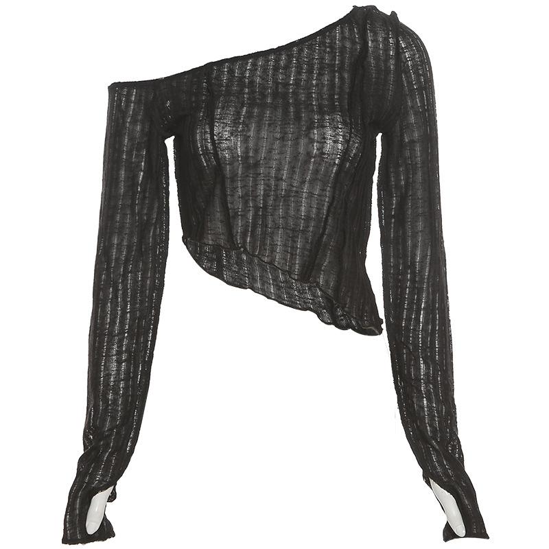 Spring, Summer and Autumn Women's Solid Color Slim Fit Cropped Navel Fashion Irregular Slanted Shoulder Long-sleeved T-shirt