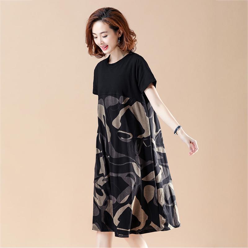 Large Size M-XXXXL Summer Printing Stitching Polyester Short-sleeved Knee-length A-line Dress
