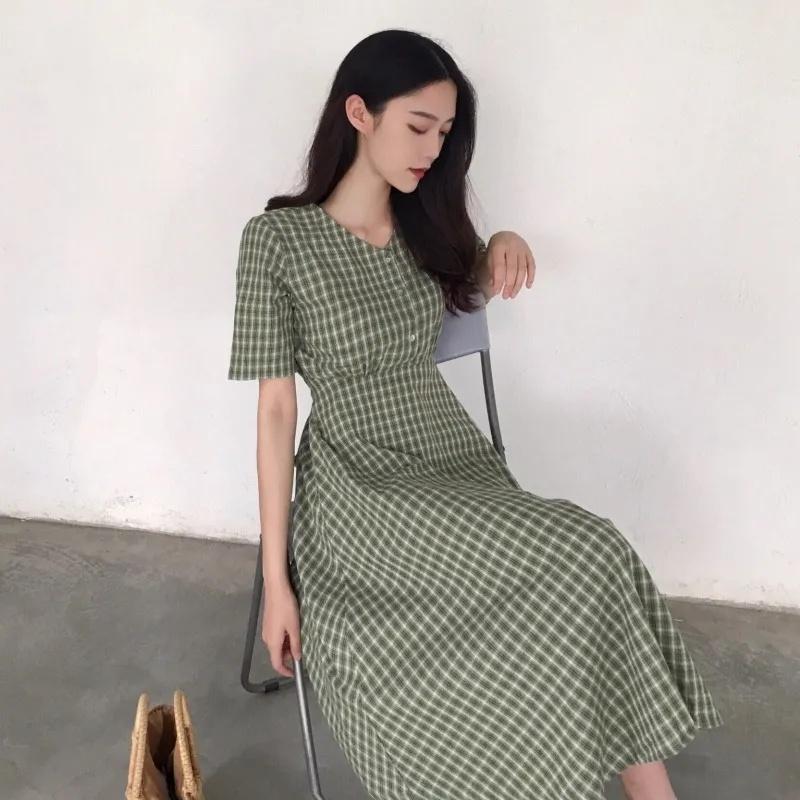 Dress Women Plaid V-neck long Sleeve Loose Fashion Leisure Sweet Korean Style Backless Lace-up Chic Student Ulzzang All-match