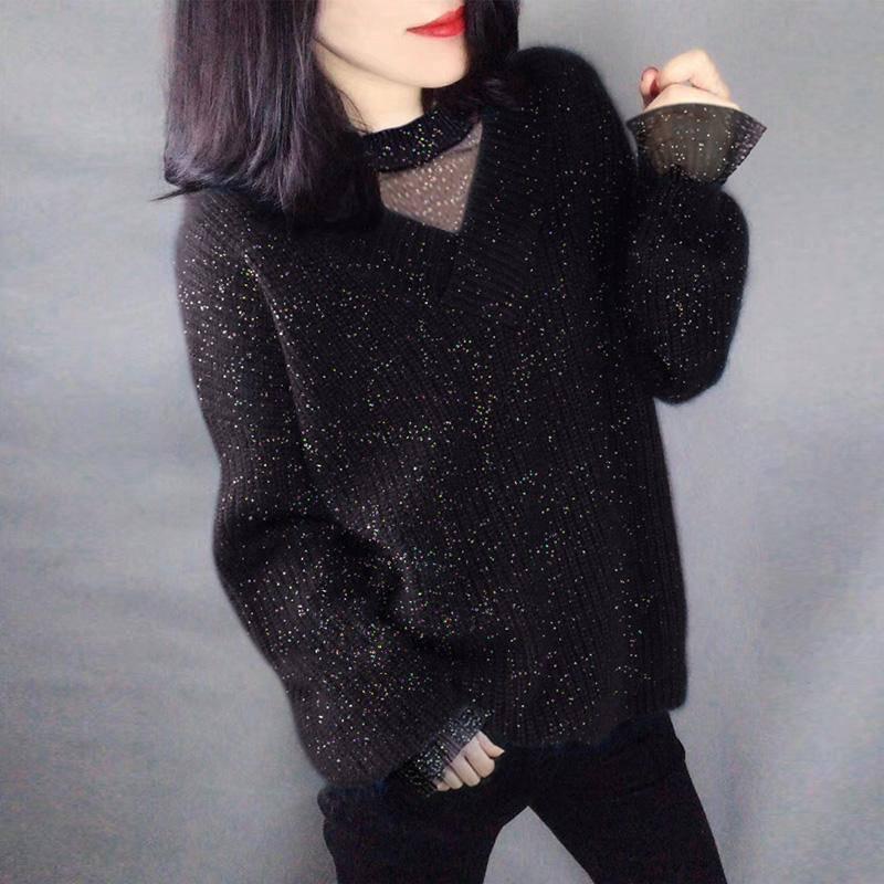 Black Lace Women Stitching Pullover Top Chiffon Autumn Casual Solid Loose Long Sleeve Crew Neck