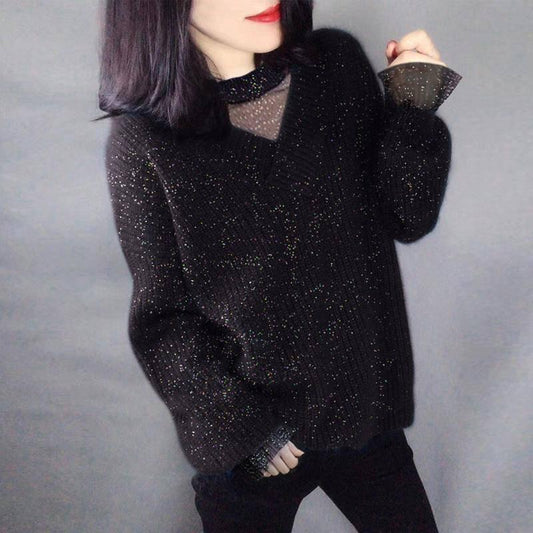 Black Lace Women Stitching Pullover Top Chiffon Autumn Casual Solid Loose Long Sleeve Crew Neck