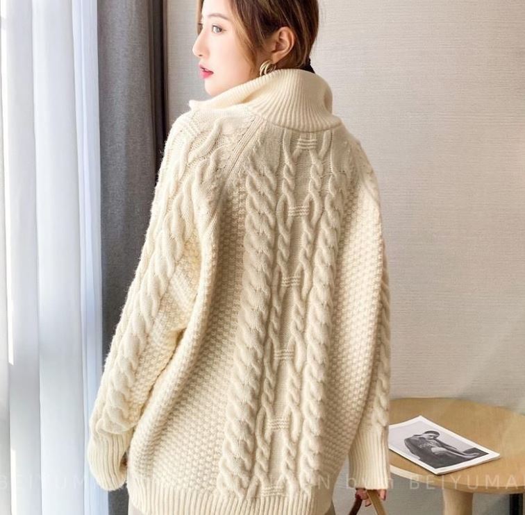 Fleece Half Turtleneck Zip Sweater Loose Lazy Style Thick Outerwear Sweater