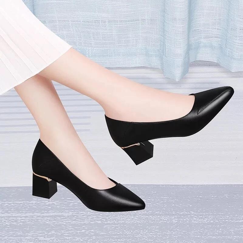 Women Heels Leather Black Shoes Office Ladies Shoes Square Heel Pumps Pointed Toe Fashion Designer