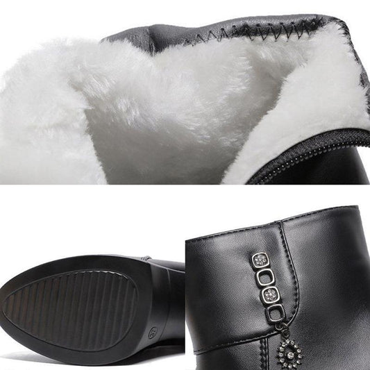 Women High Heels Winter Shoes Fur Boots Black Leather Ankle Booties Plush Warm Square Heel Shoes Fashion Ladies Boots