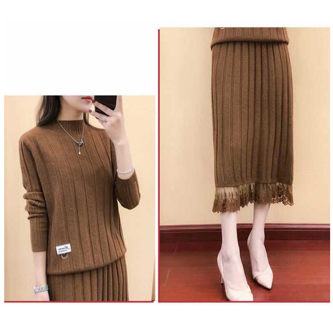 Women Sexy Winter Knitted Tops and Dress 2 Piece Set Fashion Lace DRESS and Sweater Two Piece Set