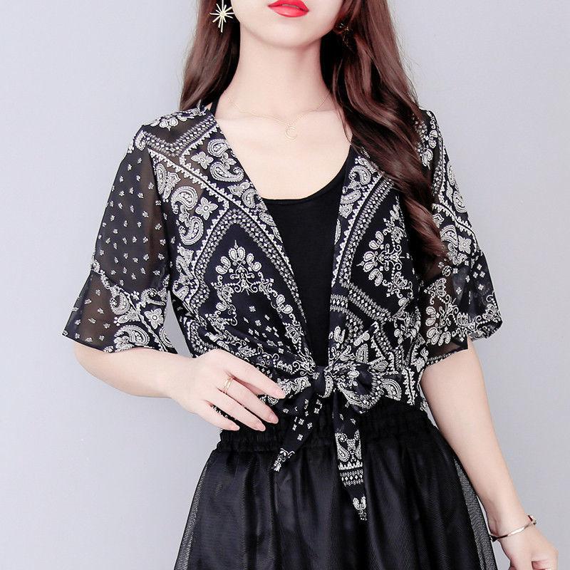 Printing Chiffon Shawl Coat Top Can Be Fitted with Suspender Skirt Women Summer Thin Sun Protection Clothing Short Cardigan