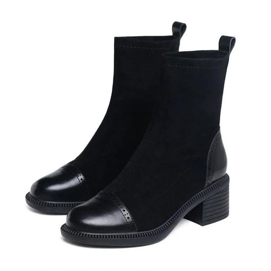 Faux Leather Stretch Boots Female British Style Martin Boots New Frosted Short Boots Thick Heel Mid-heel Female Mid-tube