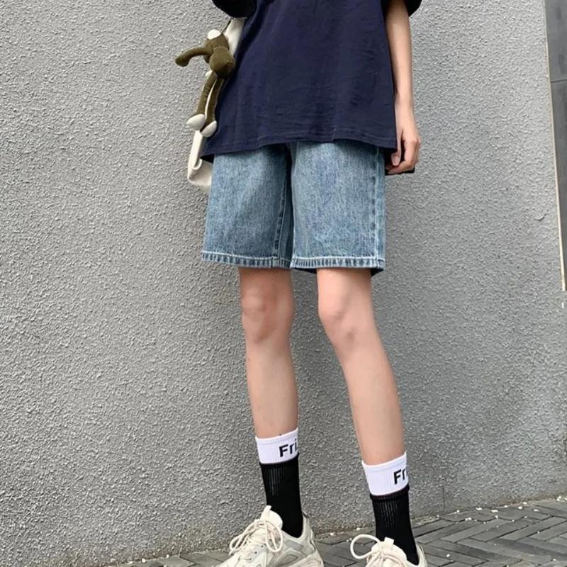 Five-point Denim Shorts Women Summer High-waist Five-point Pants Thin Section Loose and Thin Wide Leg Pants