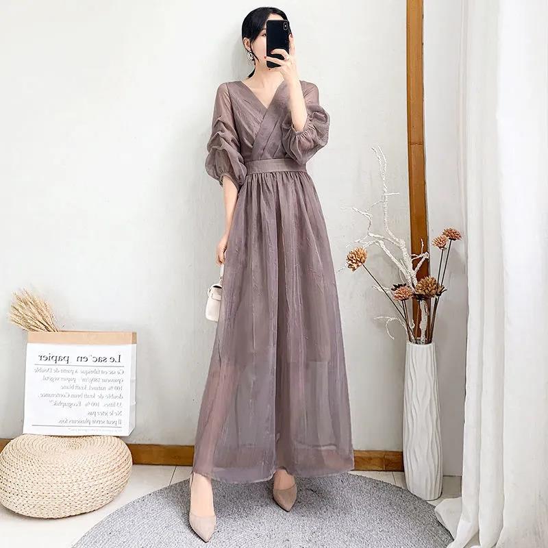 Summer Women Short-sleeved Chiffon Dress V-neck High Waist  Solid Beach Midi Dresses Sexy