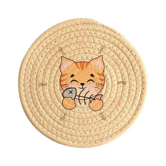 Cartoon Printing Cat Coaster Cotton Placemat Insulation Pad Thickened Hand-woven Coaster Round Coaster