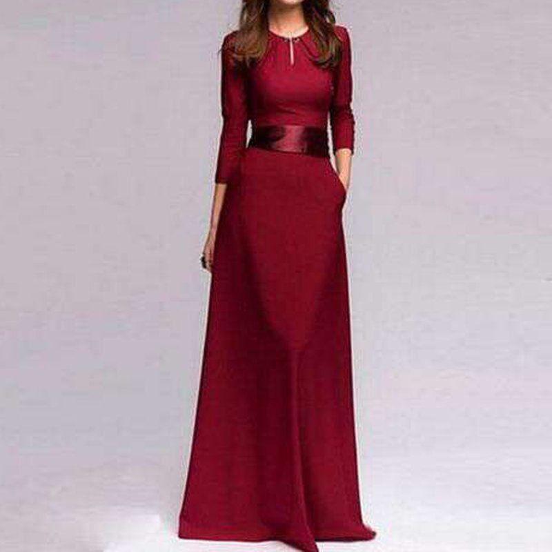 Women Long Sleeve Formal Casual Empire Waist Evening Party Maxi A-Line Dress