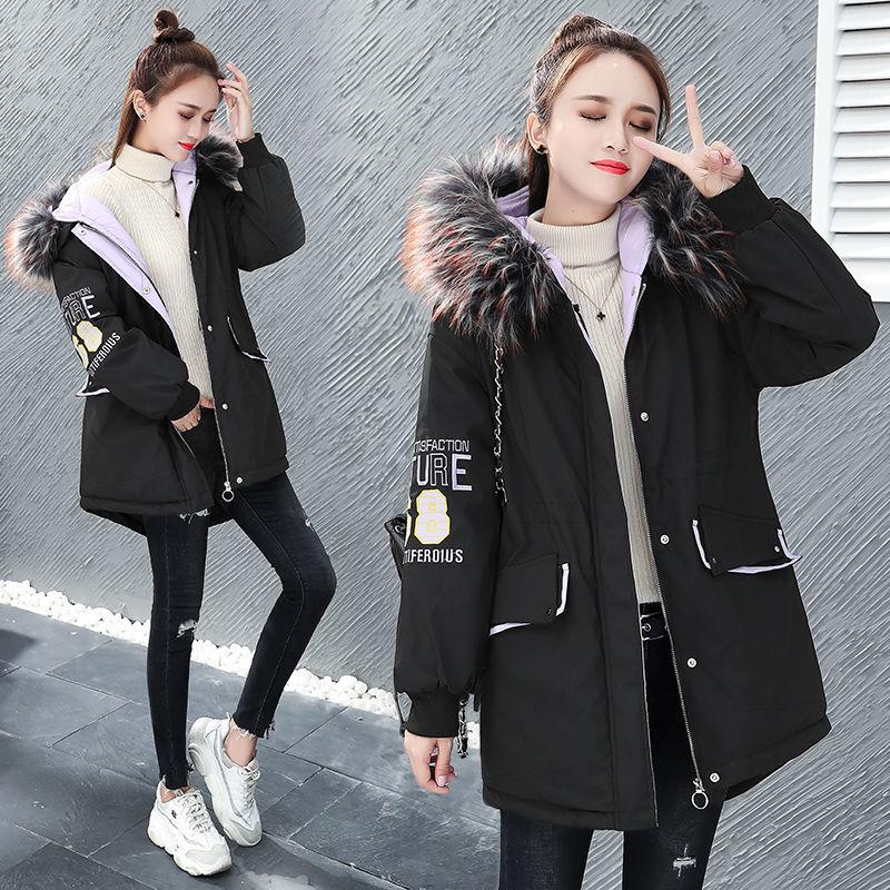 Winter Mid-length Loose Cotton Jacket Korean Version Plus Velvet Thick Coat Embroidery Hit Color Ladies Parkas