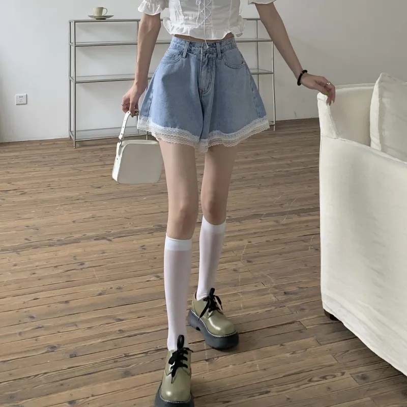 Sweet Denim Shorts for Women Wide Leg Cute Short Pants Summer High Waist Lace Edge Pants A-line Loose Jeans Pants High Waist Shorts Y2k Short Bottoms