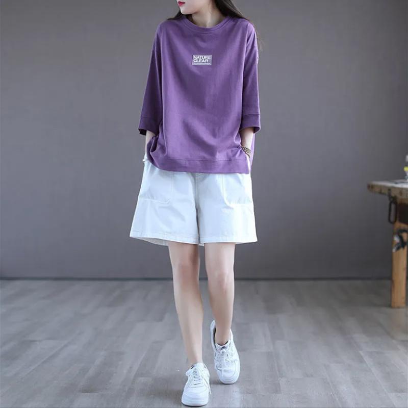 Pure Cotton Loose Slit T-shirt Girls Thin Round Neck Short-sleeved Comfortable Breathable Top