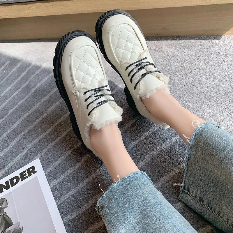British Small Leather Shoes Women Winter Plus Velvet Warm Cotton Shoes Thick-soled Leather Shoes Waterproof and Non-slip