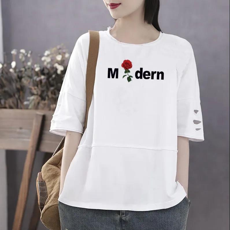 Large Size English Printed T-shirt Short Sleeve Pullover Women Casual Cotton Shirt Summer