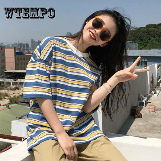 Fashion T shirts Women  Summer Striped Short Sleeve  Tshirt Femme Casual Loose Sweet Style