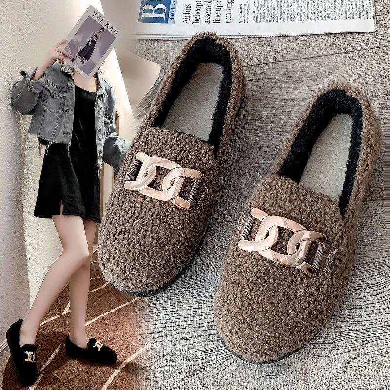 Plus Velvet Thick Plush Shoes Women Korean Version of All-match One-step Shoes Flat Non-slip Winter Warm Cotton Shoes