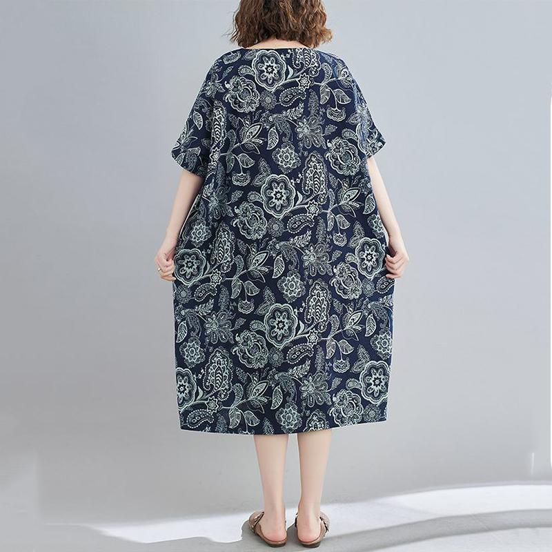 WTEMPO Plus Size Women Dress Summer V-neck Solid Color Long Dress Casual Mid-calf Length Print Dress