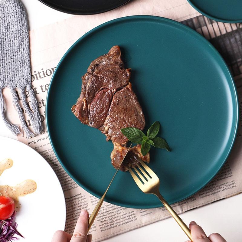 Nordic Ins Wind Color Glaze Tableware Household Steak Plate Dish Net Red Ceramic Simple Creative Western Food Disc Knife and Fork
