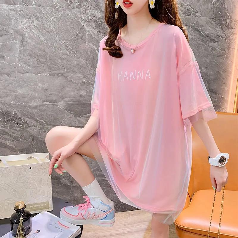 Summer Dress Women Loose O-Neck Short Sleeve Casual Above Knee T-shirt Dress  Round Neck Mesh