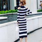European and American Autumn  Winter Sexy Soff-shoulder Turtleneck Sweater Dress Long Slim Striped Knitted Dress Bottoming Pencil Dress