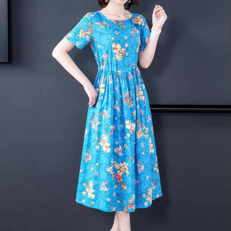 Women's Summer Short-sleeved Mid-length Skirt Floral Round Neck Slim Dress