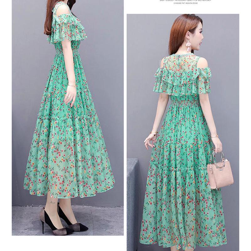 Mesh Chiffon Floral Dress Female Summer Off-shoulder Beach Skirt Over The Knee Long A-line Skirt Big Skirt Hemline Waist Slim Cute Dress Female