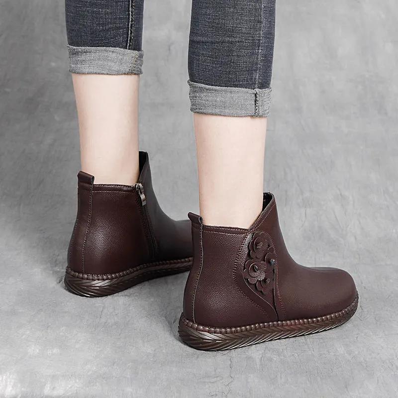 Plus Velvet Padded Cotton Shoes Short Boots Retro Anti-slip Tendon Bottom Real Soft Leather Boots Women