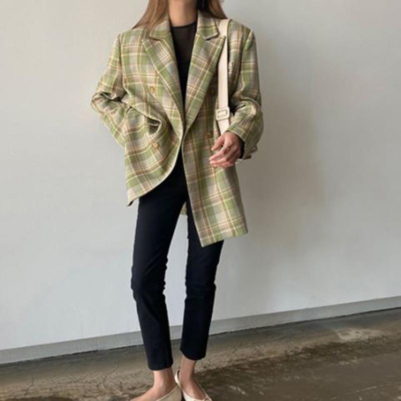Vintage Loose Women Plaid BlazerAutumn Chic Double Breasted Female Long Sleeve Suit Jackets Stylish Ladies Blazer