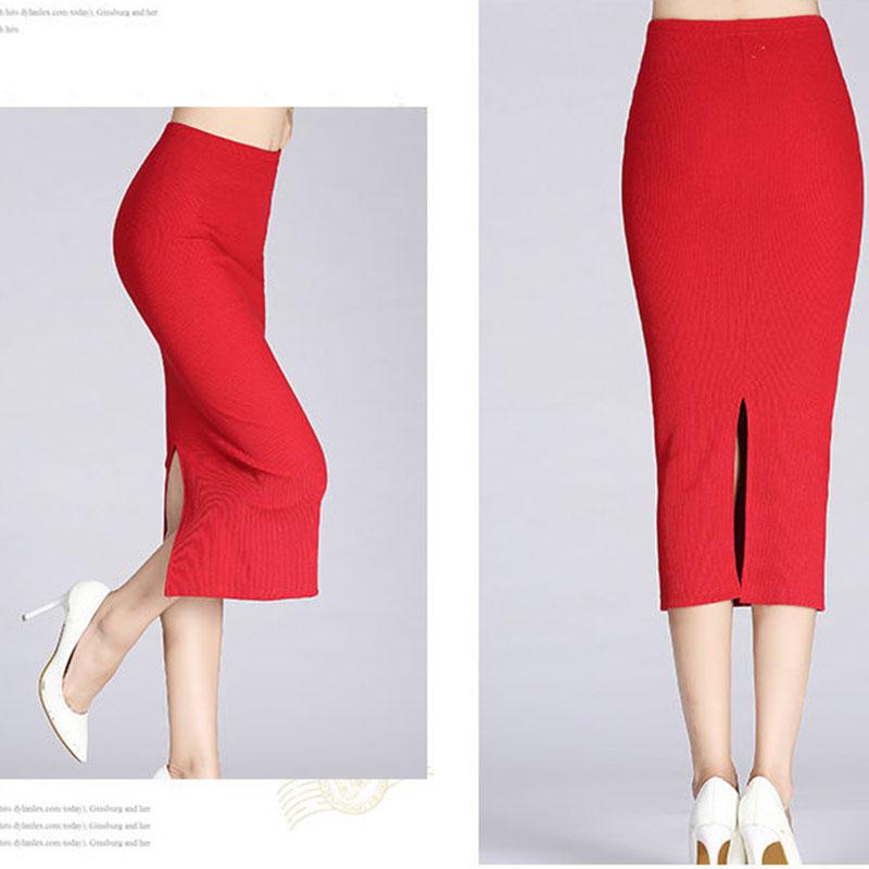 Autumn Winter Sexy Knit Bodycon Skirt for Women OL Stytle Ladies Split Elastic Long Pencil Skirt