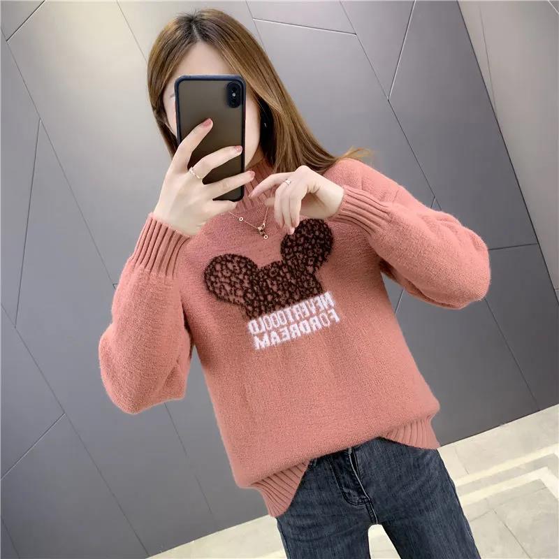 Ladies Velvet Thickened Half Turtleneck Sweater Korean Version Fashion Printing Slim Bottoming Shirt All-in-one Fleece Warm Outer Sweater