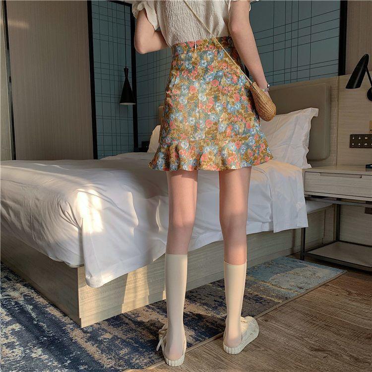 Retro Floral Chiffon Skirt Women's Summer High Waist A-line Fishtail Skirt All-match Short Skirt Irregular Hem Skirt Beach Dress