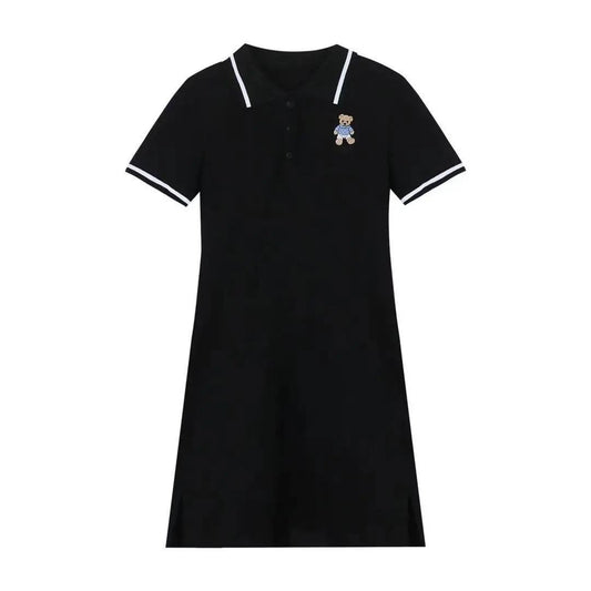 Pure Color Short-sleeved Bear Dress Female Spring and Summer Girl Polo Collar Waist Slim Short Dress