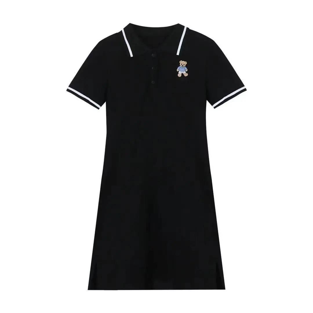 Pure Color Short-sleeved Bear Dress Female Spring and Summer Girl Polo Collar Waist Slim Short Dress