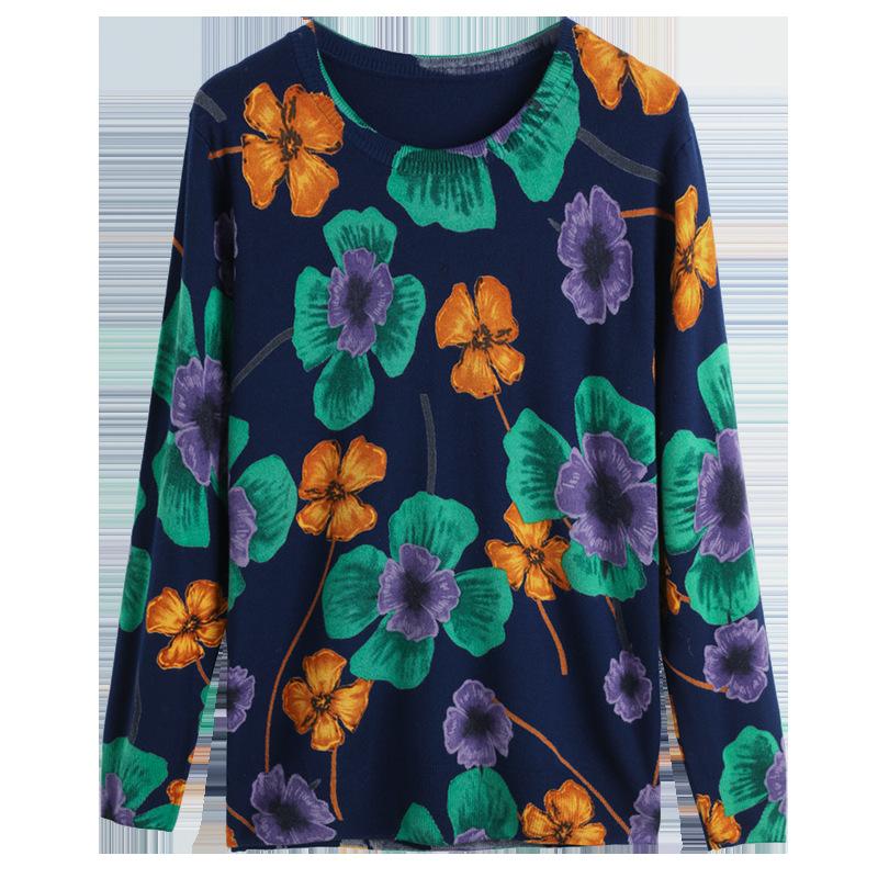 Autumn Women's Thin Printed Sweater Round Neck Pullover Long Sleeve Bottoming Shirt Plus Size Sweater