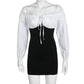 Women's Mid-length Black and White Stitching Sexy Strapless Long-sleeved Ruffled Lace-up Dress
