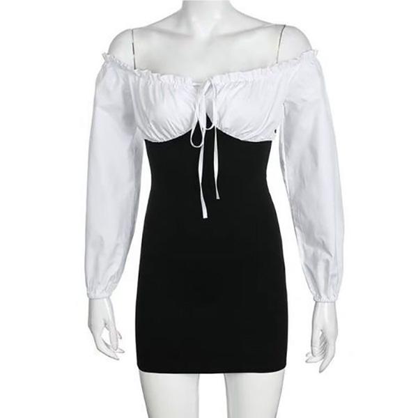 Women's Mid-length Black and White Stitching Sexy Strapless Long-sleeved Ruffled Lace-up Dress