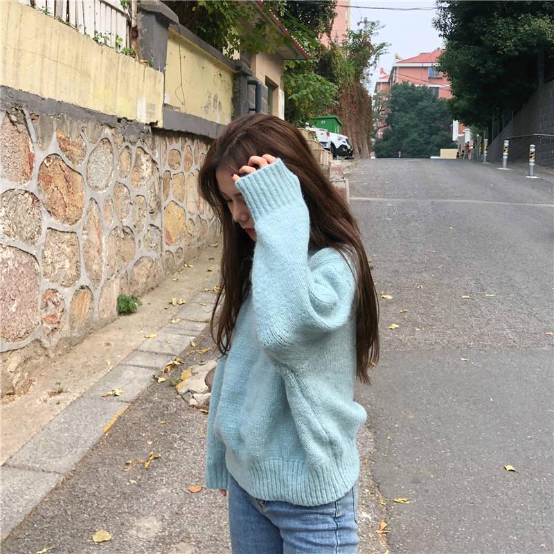 Pofulove Winter Small Fresh Solid Color Sweater Female Students Loose Long Sleeve Wind Coat