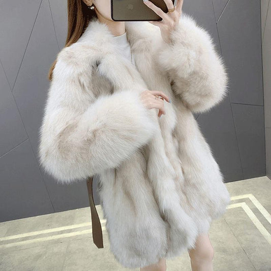 Winter Women's Coat with Imitation Fox Fur Haining Mid-length Fur Coat