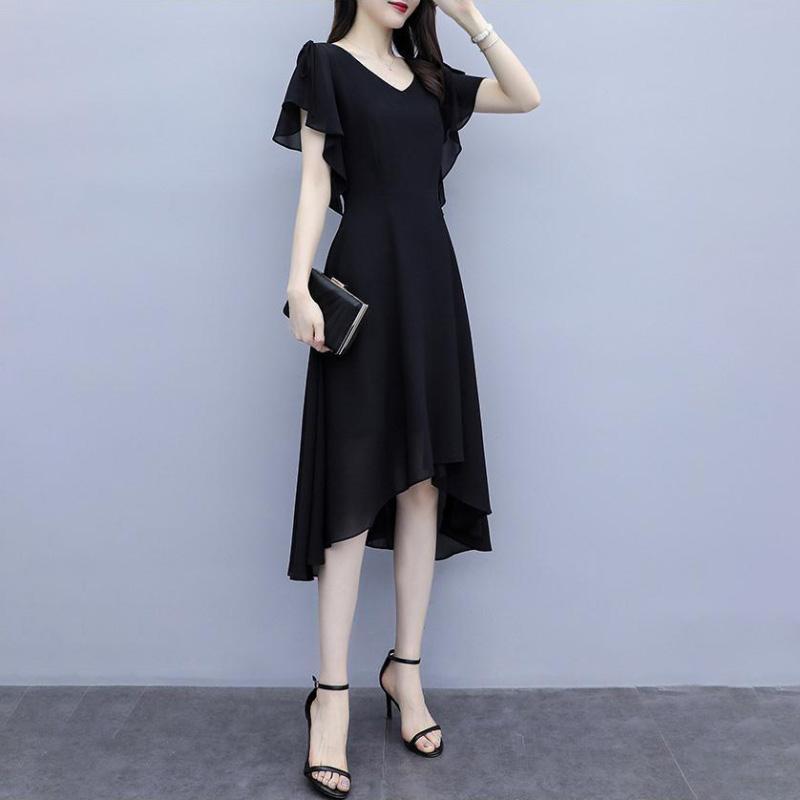 Summer Fashion Black Dress Loose Large Size Casual Slim Chiffon Dress Ruffled Short-sleeved Over-the-knee Skirt