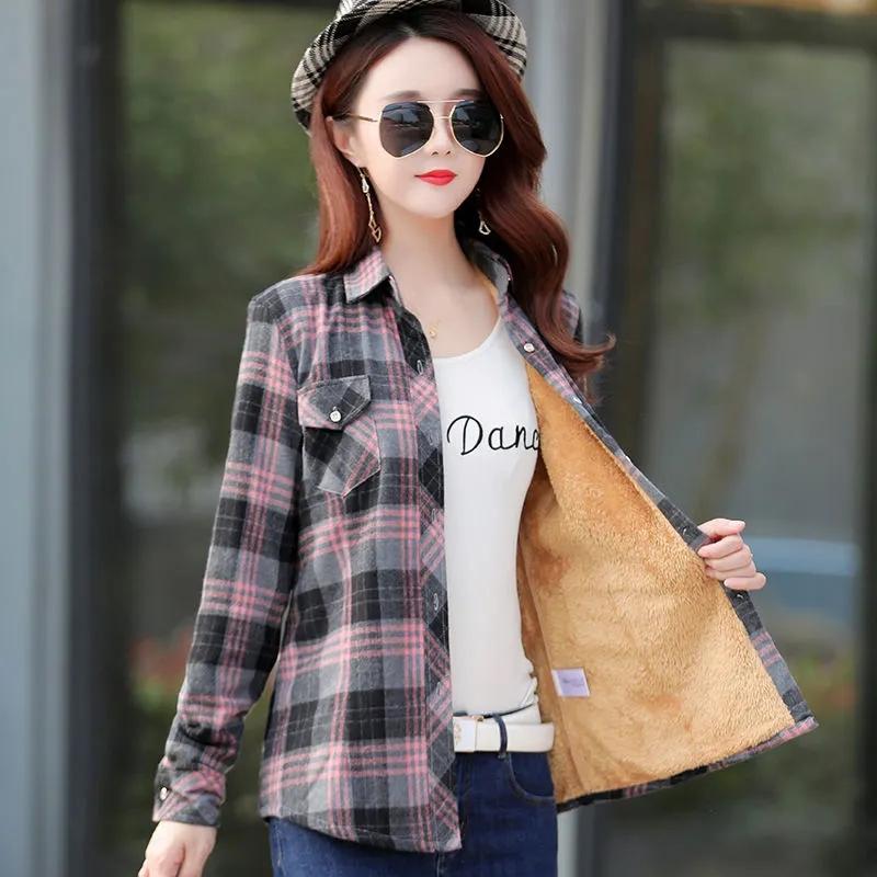 Winter Warm Women Velvet Thicker Jacket Plaid Shirt Style Coat Casual Outerwear