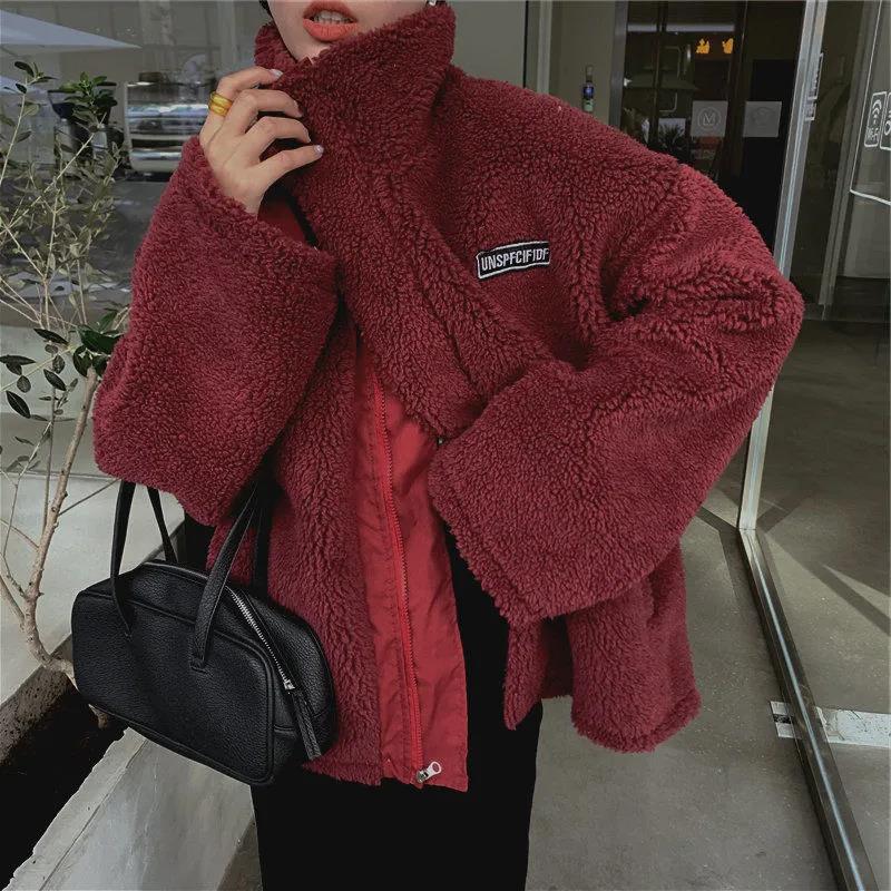 Two-sided Cotton-padded Jacket Female Winter Lamb Hair Girl Student Loose Harajuku Style Thickened Stand-up Collar Cotton-padded Jacket