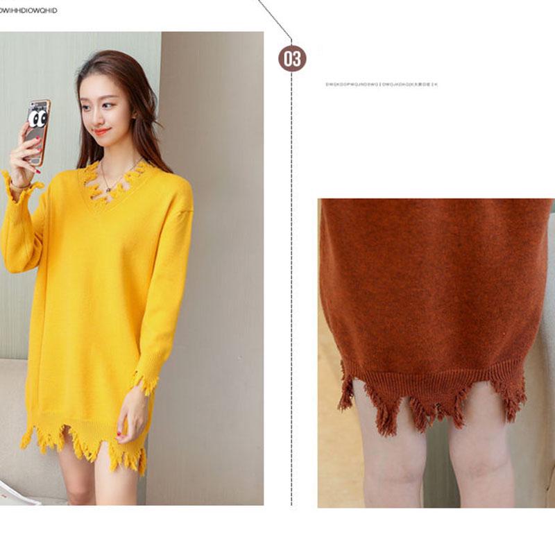Autumn  Winter Women's Mid-length Sweater Ripped Tassel Sweater Casual Loose Knit Sweater Dress Outer Wear