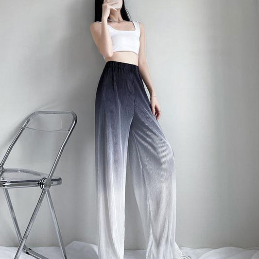 Show Leg Length Gradient Color Ice Silk Wide-leg Pants Women's High Waist Show Thin Drape Loose Straight Casual Pants Loose Jogging Trousers