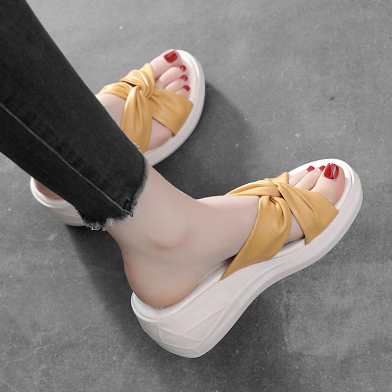 Wedge Heel Slippers Women's Platform Sandals Cross Bow Summer All-match PU Shoes High Heel Flip Flops Vintage Temperament Slippers Casual Beach Wear