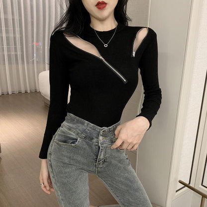 Scheming Zipper Stretch Fashion Top All-match Slim Solid Color Jacket Long-sleeved Knitted Sweater Design
