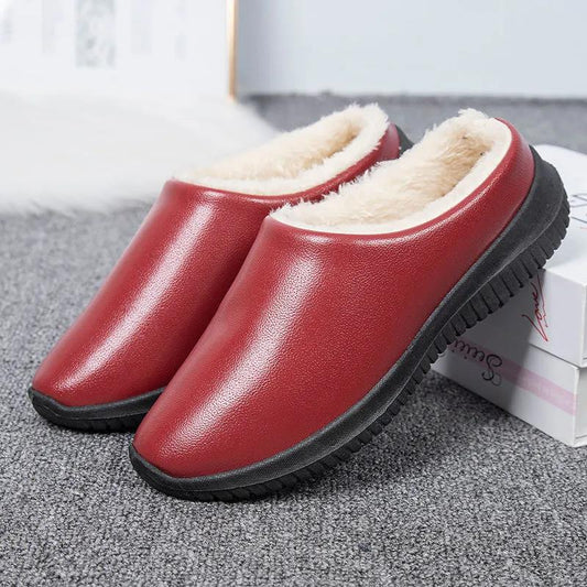 Women Unisex Winter Home Slippers Leather Waterproof Non Slip Slippers Plush Warm Indoor